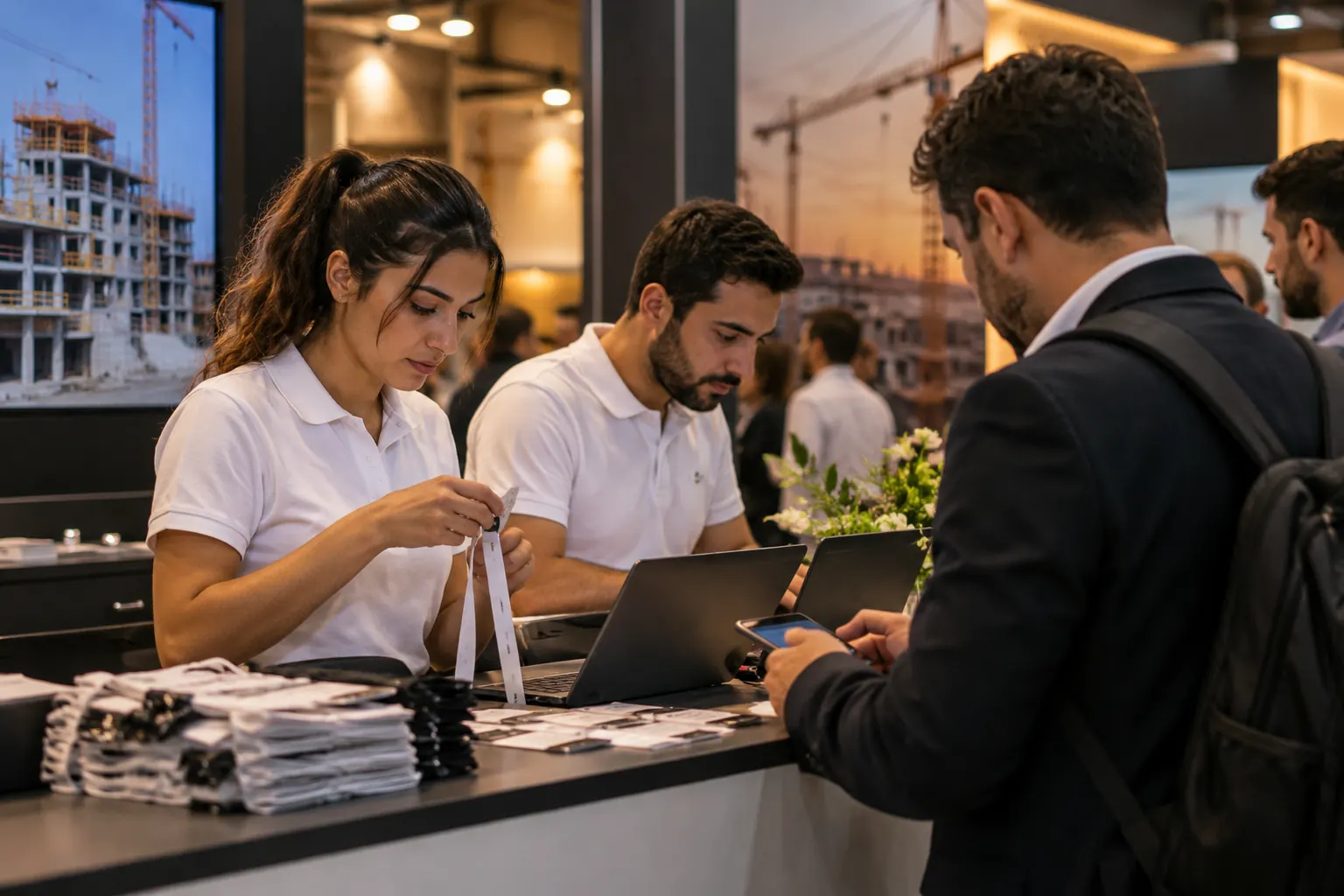 Yapı fuarı standında logosuz polo tişört giyen görevliler ziyaretçilerin kayıt işlemlerini yapıyor.