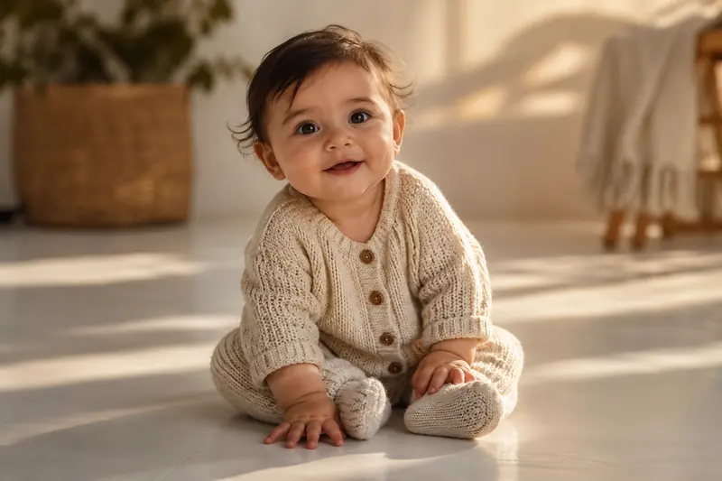 Beyaz stüdyo zemininde örgü kıyafetiyle oturan bebek ve kadrajın hemen kenarında kalan ebeveyn elleri.