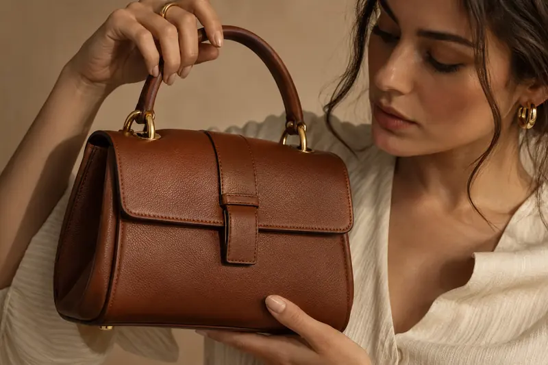 Bej stüdyo fonu önünde deri çanta tutan modelin elleri ve çantanın dokusu yakın planda görülüyor.