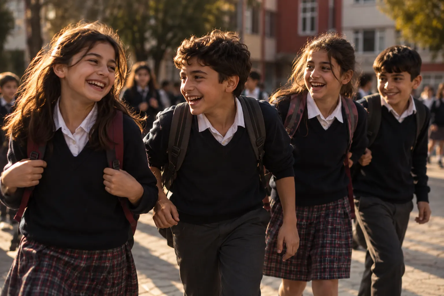Okul bahçesinde üniforma ve sırt çantalarıyla gülen çocuklar ile onları diz çökerek fotoğraflayan bir fotoğrafçı.