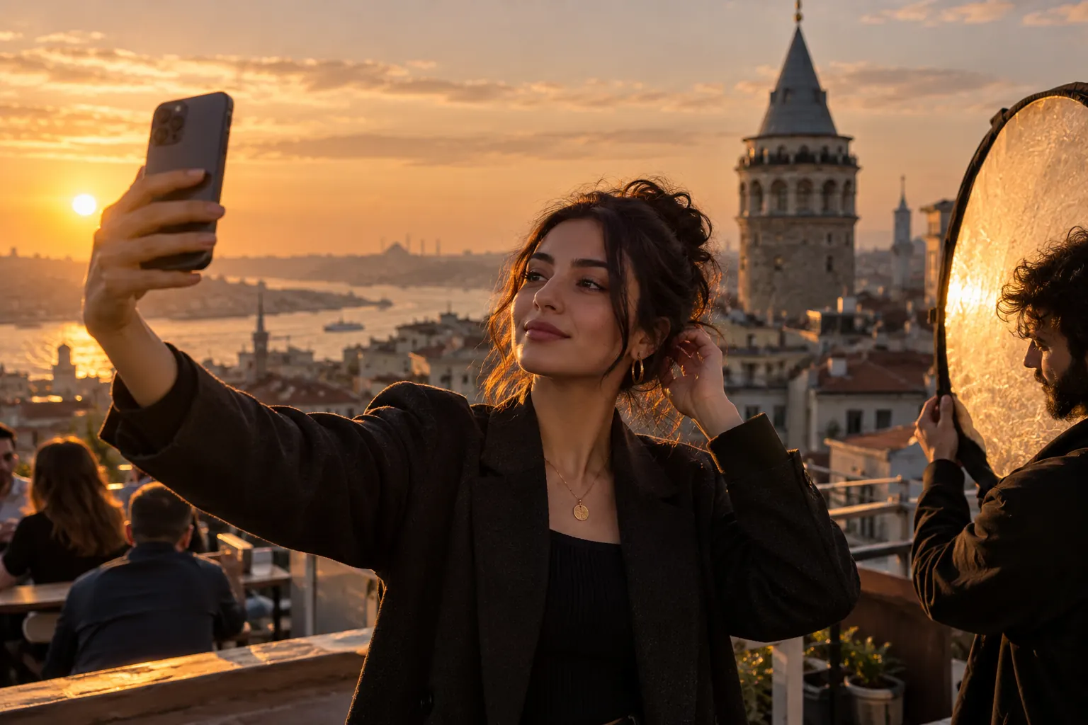 Galata’da bir çatıda altın saat ışığında akıllı telefonla fotoğraf çeken genç Türk kadın ve çekim ekibinin tuttuğu yansıtıcı.