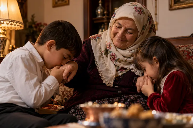 Sıcak bir oturma odasındaki bayram ziyaretinde büyükannelerinin elini öpen torunlar ve görüntü kenarında görülen yumuşak set ışığı.