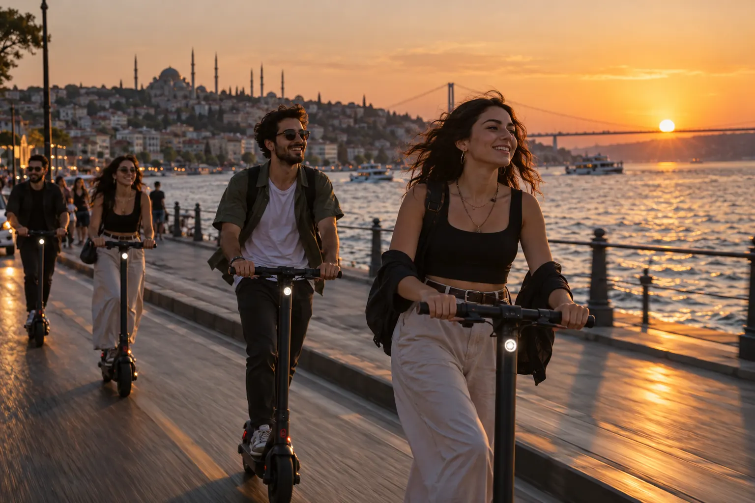 Gün batımında Boğaz sahil yolunda elektrikli scooter süren genç yetişkinler ve onları izleyen araç üzerindeki kamera düzeneği.