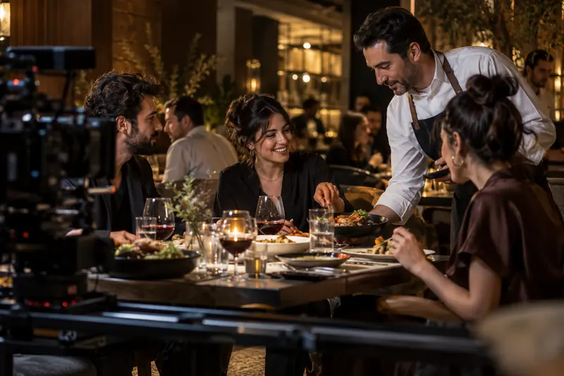 Modern restoran masasında yemek paylaşan arkadaşlar ve servis yapan garson; yanlarında kaydırma düzeneğine yerleştirilmiş sinema kamerası.