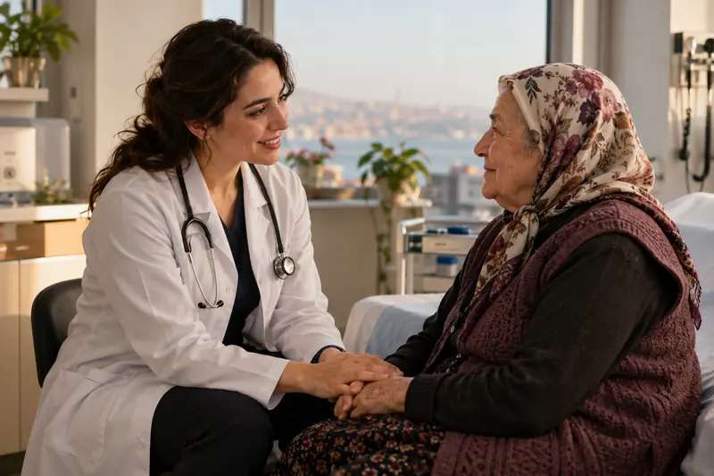 Modern bir klinik odasında kadın doktor, yumuşak gün ışığı altında yaşlı bir hastayla nazikçe konuşuyor.