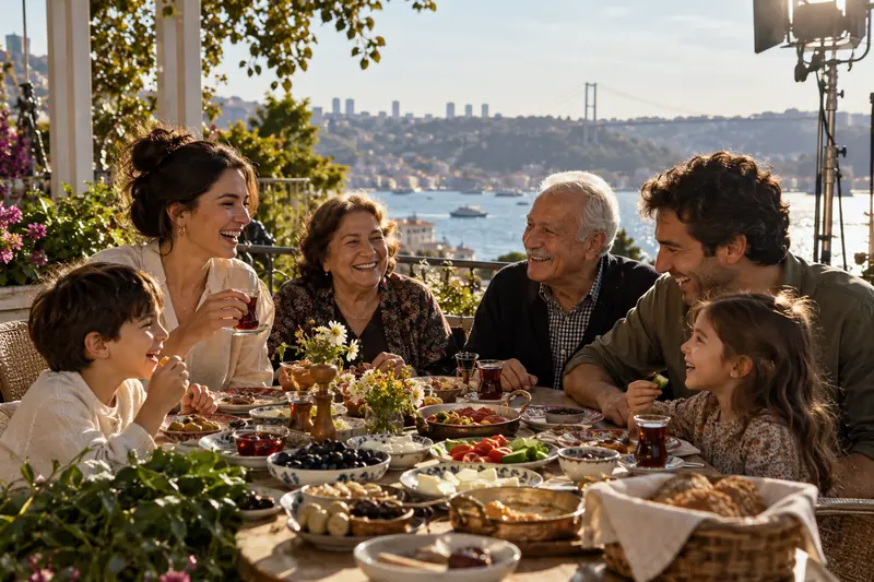 Güneşli balkonda zengin bir kahvaltı sofrasının çevresinde gülen üç kuşak Türk ailesi ve kadraj kenarında set ışığının ayağı.
