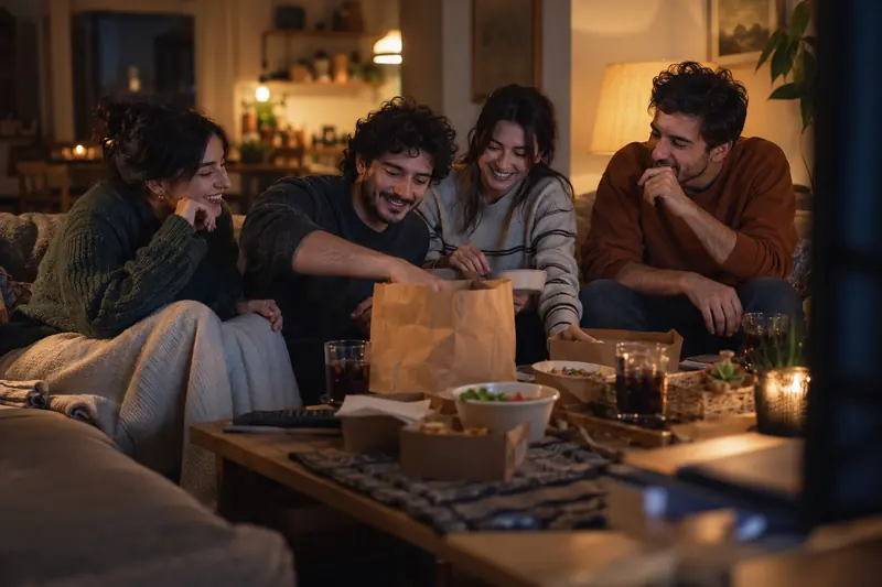 Film gecesinde kanepede oturan arkadaşlar, televizyon ışığı ve salon lambaları altında yemek teslimat çantasını açıyor.