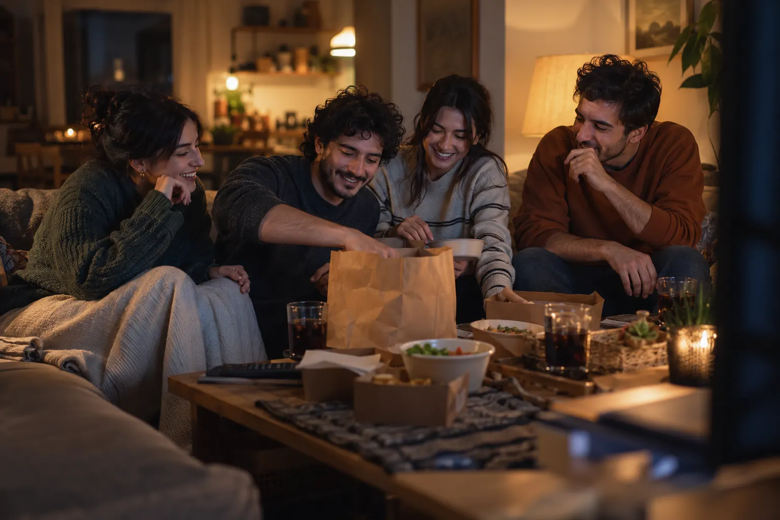 Film gecesinde kanepede oturan arkadaşlar, televizyon ışığı ve salon lambaları altında yemek teslimat çantasını açıyor.
